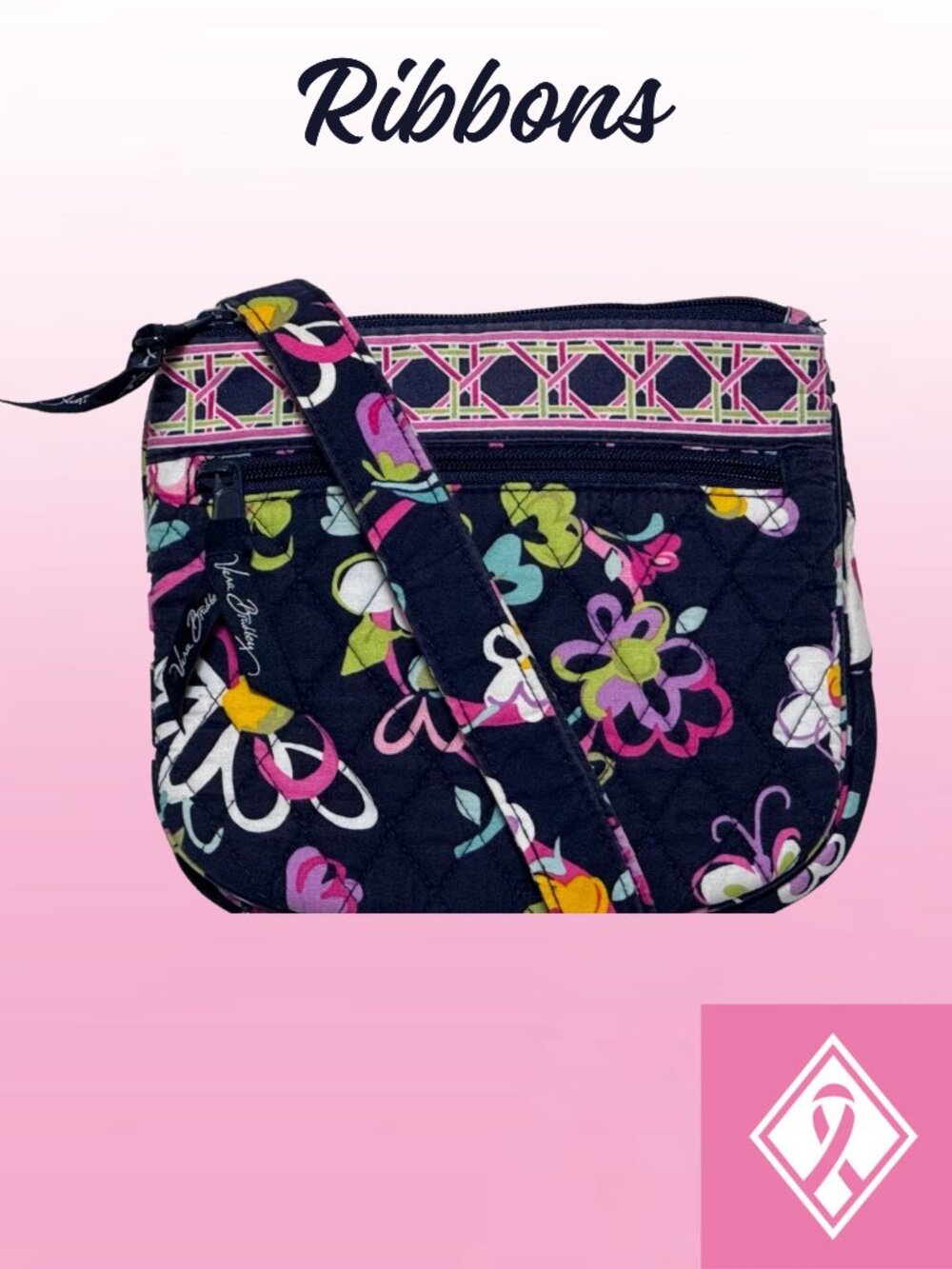 Vera Bradley Ribbons Crossbody Bag Retired Breast Cancer Pattern Quilted Cotton